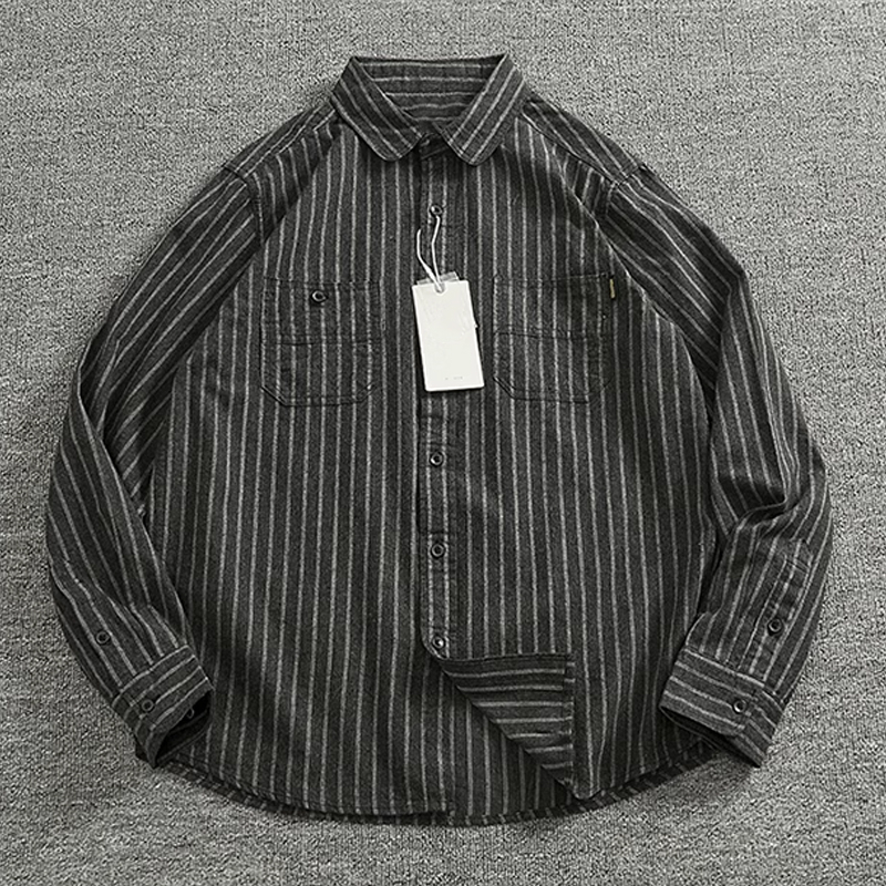 Men's Vertical Striped Brushed Cotton Washed Long-Sleeved Shirt