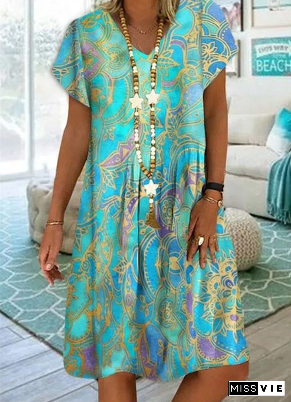 summer new fashion women's vintage printed v-neck short sleeve casual dress loose summer soft and thin plus size dress XS-5XL