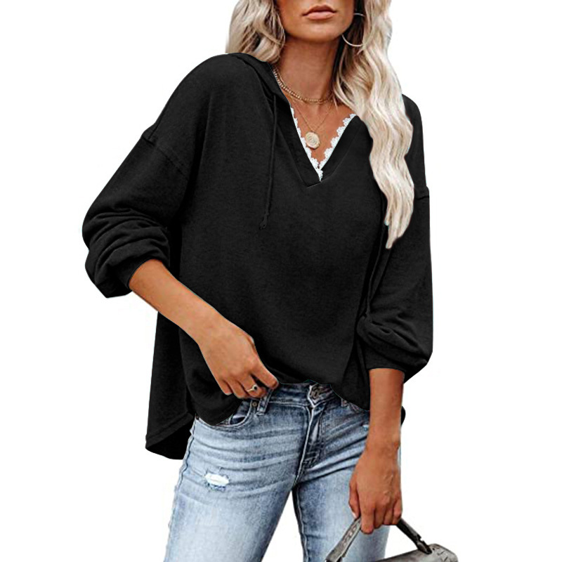 Fashion Women's Casual Long Sleeve Solid Color V Neck Loose Hoodies