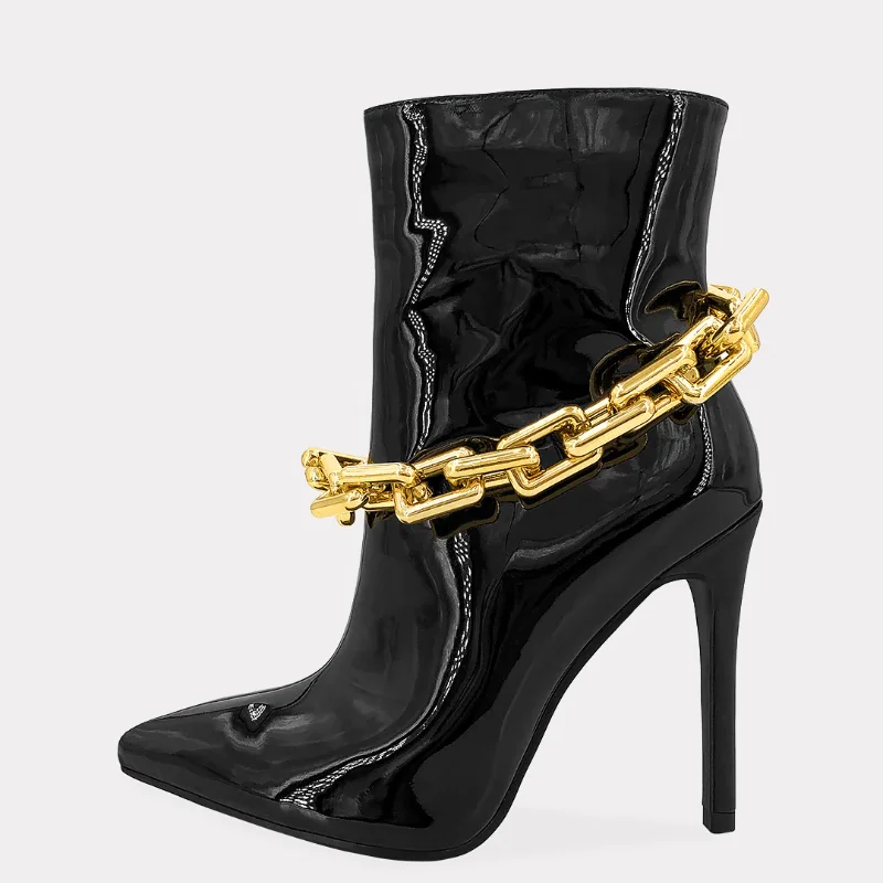 10CM/4 inch Women's Middle Heels Boots Chain Sexy Dress Patent Shiny Booties