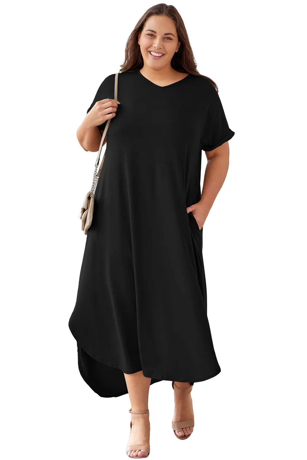 Black Plus Size V Neck Rolled Cuffs Maxi Dress