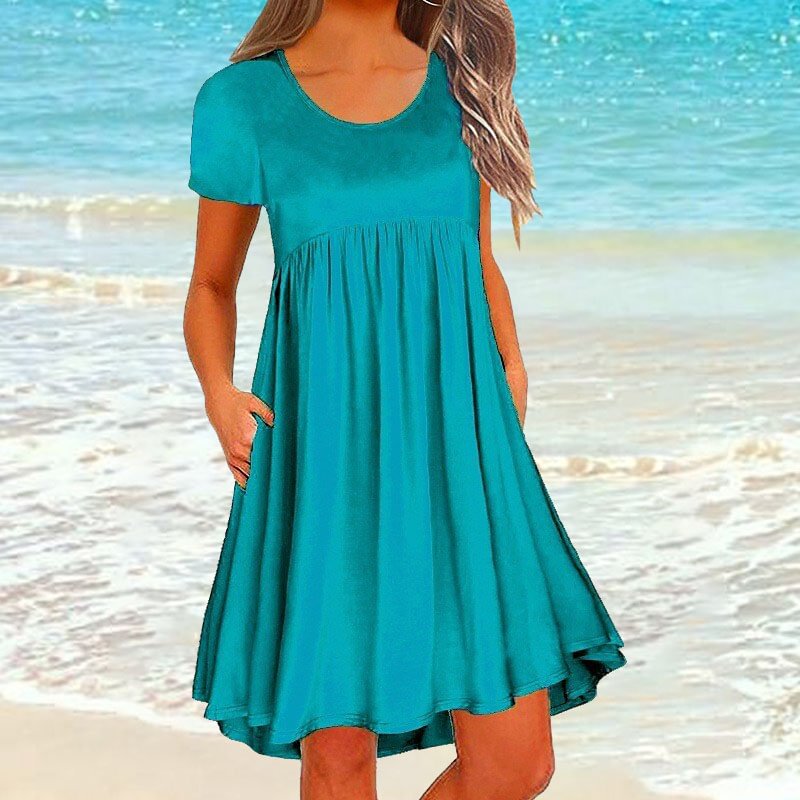 New Fashion Women Pocket Ruffles Pleated Cotton Dress Solid Color Plus Size