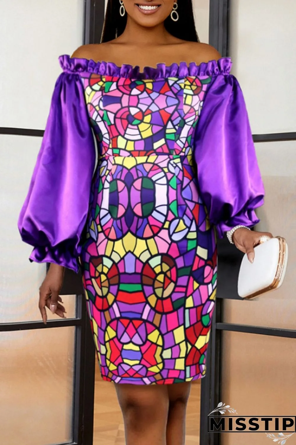 Purple Casual Print Patchwork Off the Shoulder Long Sleeve Dresses