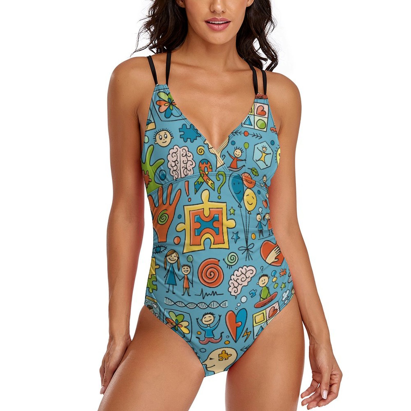 Women's Autism One Piece Deep V Neck Crisscross Back Adjustable Strap Swimsuits