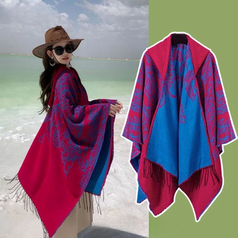 Ethnic Style Hooded Cape Women’s Yunnan Tibet Western Sichuan Grassland Bohemia Travel Wear Scarf Coat