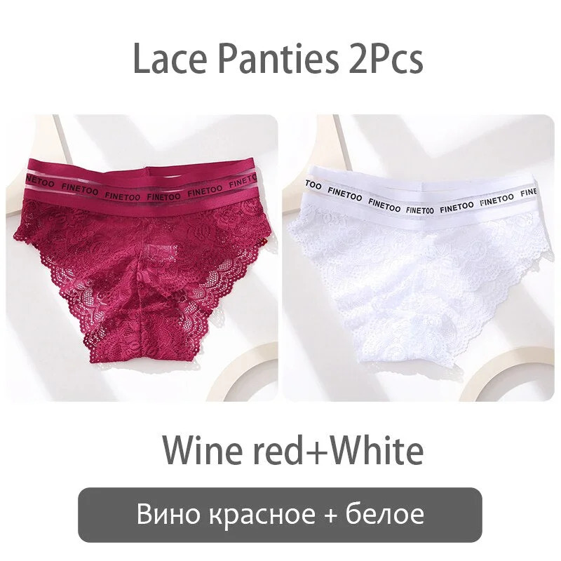 FINETOO 2Pcs Lace Panties Women Sexy Transparent Briefs Low Waist Floral Underwear Fashion Ladies Underpants L-2XL Girl Lingerie
