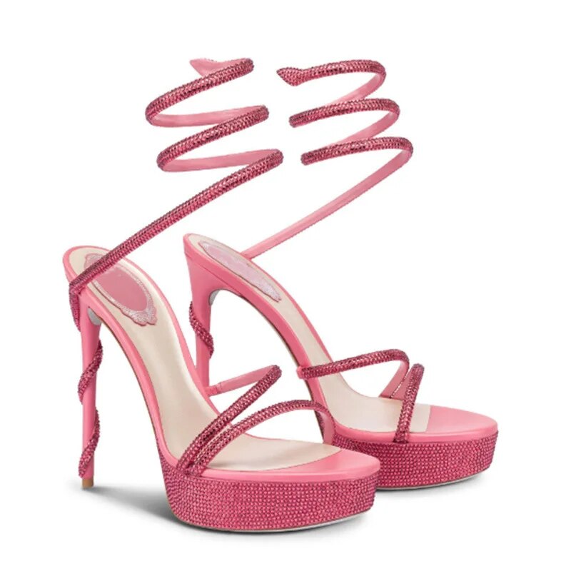 Platform Sandals Woman Rhinestone Ankle Snake Twine Around Wedding Shoes Women High Heels Gladiator Sandals Women 43