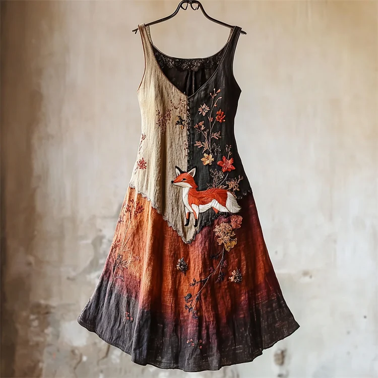 Utbros Vintage Fox Floral Embroidered Gradient Patchwork Linen Dress