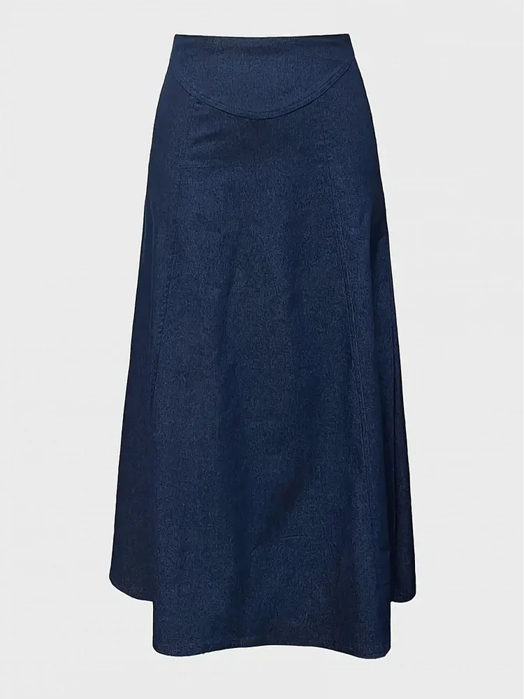 Women's High Waist Denim Midi Skirt-Fashion Stitching Design, Navy Blue, Horn Style, No Belt, Daily Casual Wear