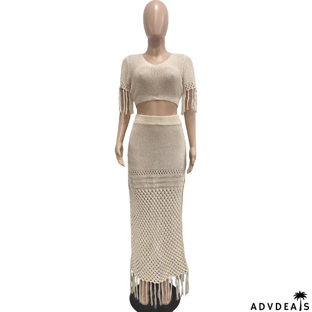 Ladies Casual Sexy Split Woolen Crochet Knitting Tassel Two-Piece Set