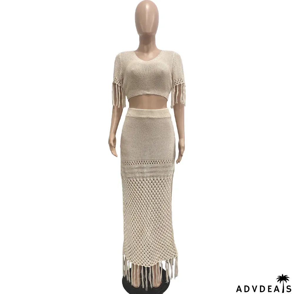 Ladies Casual Sexy Split Woolen Crochet Knitting Tassel Two-Piece Set