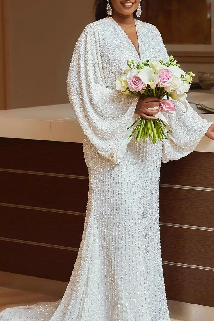 Xpluswear Plus Size White Formal Wedding V-neck Trumpet Sleeve Sequin Maxi Dresses [Pre-Order]