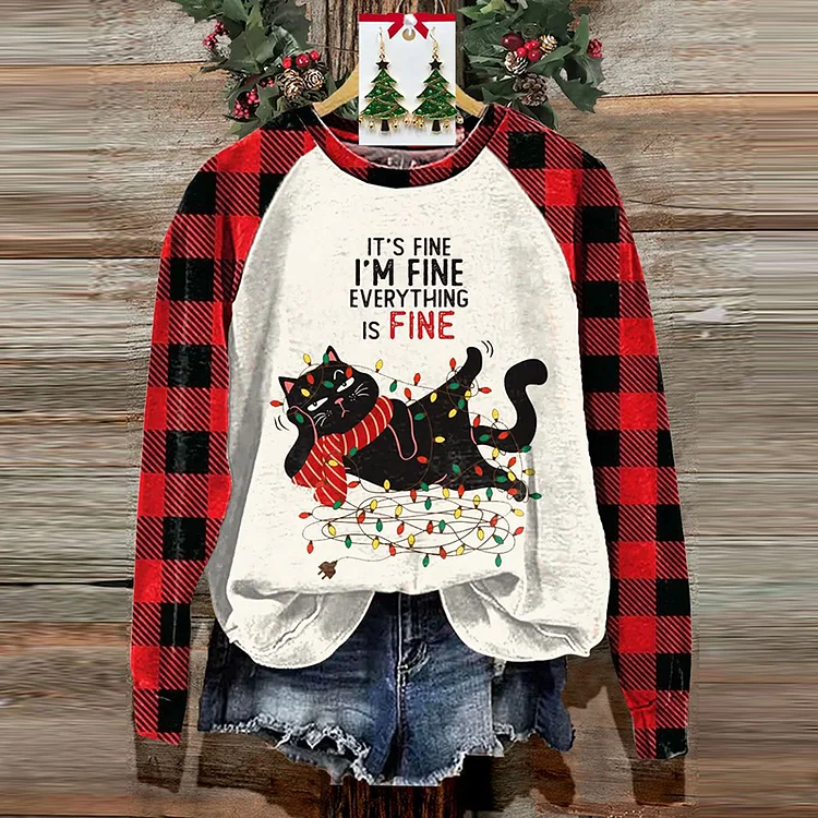 Comstylish Christmas Funny Cat I M Fine Print Casual Sweatshirt