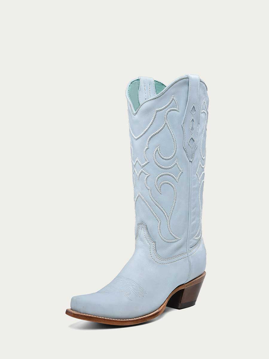 Sky Blue Snip Toe Embroidered Mid Claf Cowgirl Boots with Chunky Heel