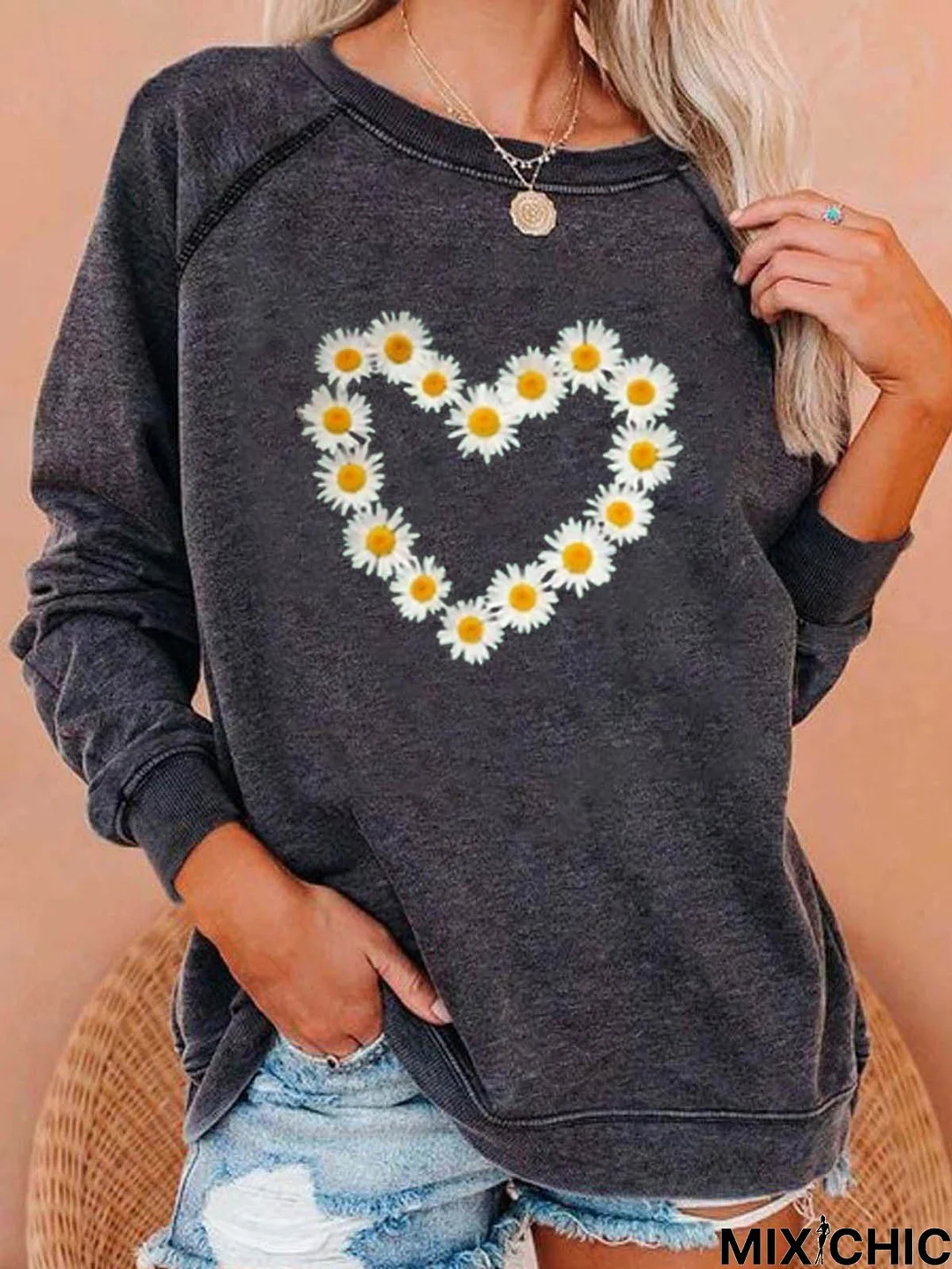 Raglan Sleeve Casual Loosen Cotton Blends Tunic Sweatshirt