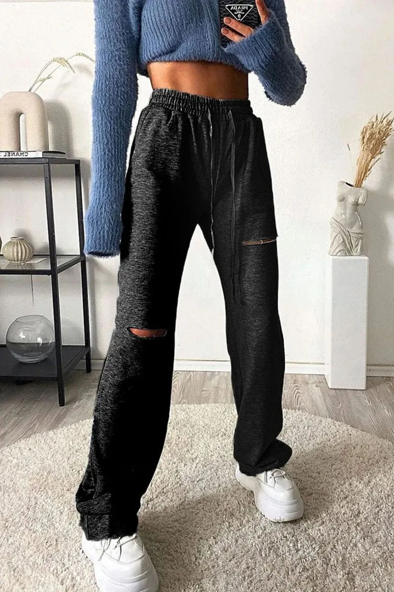 Solid Color Hole Drawstring Waist Pants
