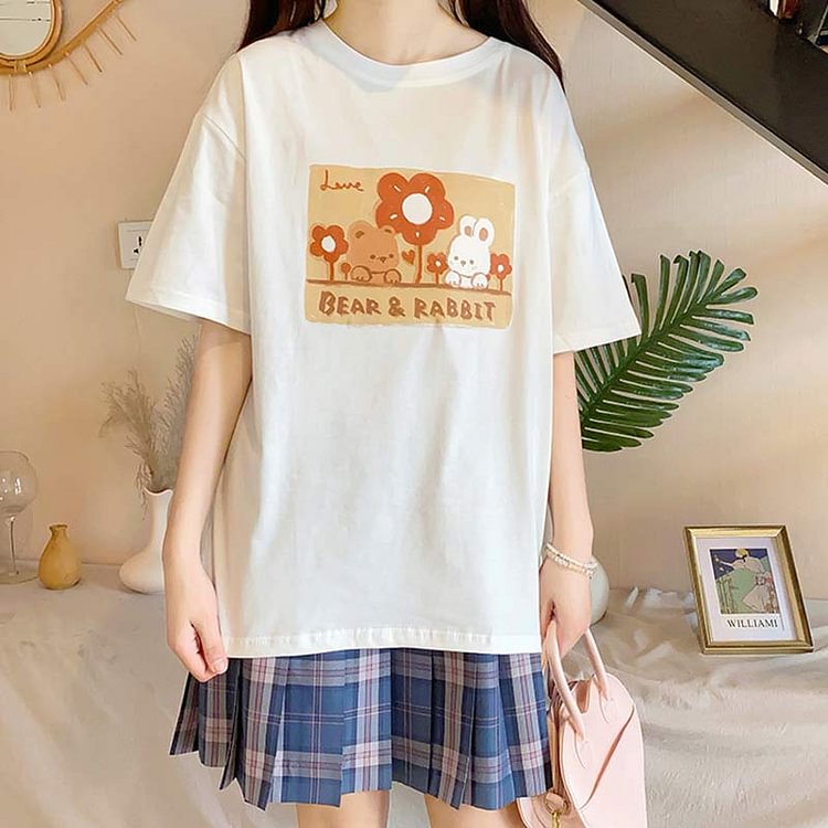 Cartoon Bear Rabbit Print Casual T-Shirt - Modakawa modakawa