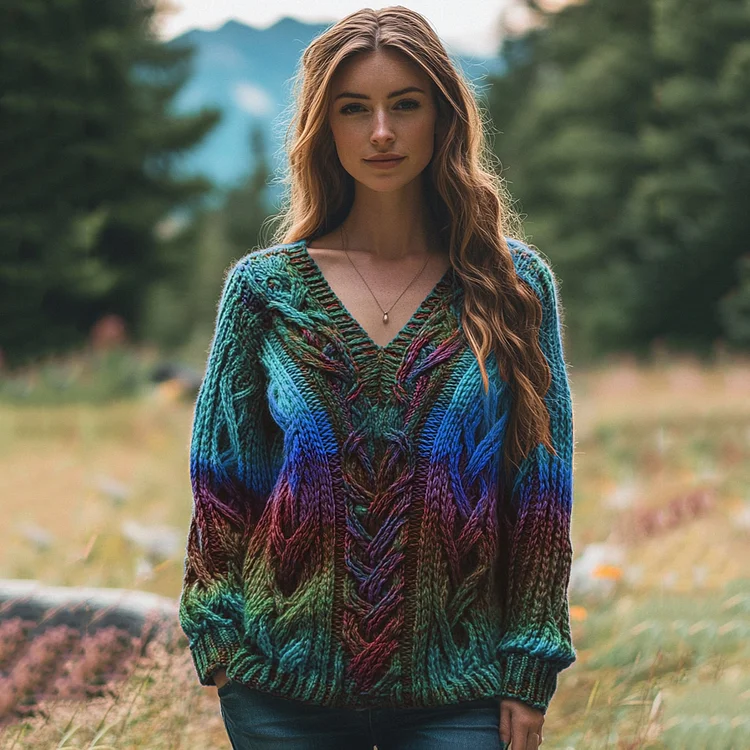 Classic Celtic Chunky Rainbow Color V Neck Cozy Sweater