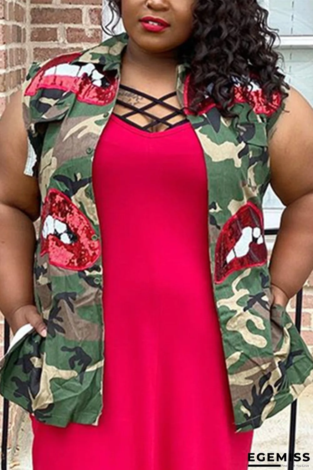 Green Denim Street Fashion Ma'am adult Turndown Collar Sequin Camouflage Sequined Pattern Plus Size overc | EGEMISS