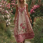 Women's Vintage Floral Embroidery V Neck Tank Midi Dress - Image 2