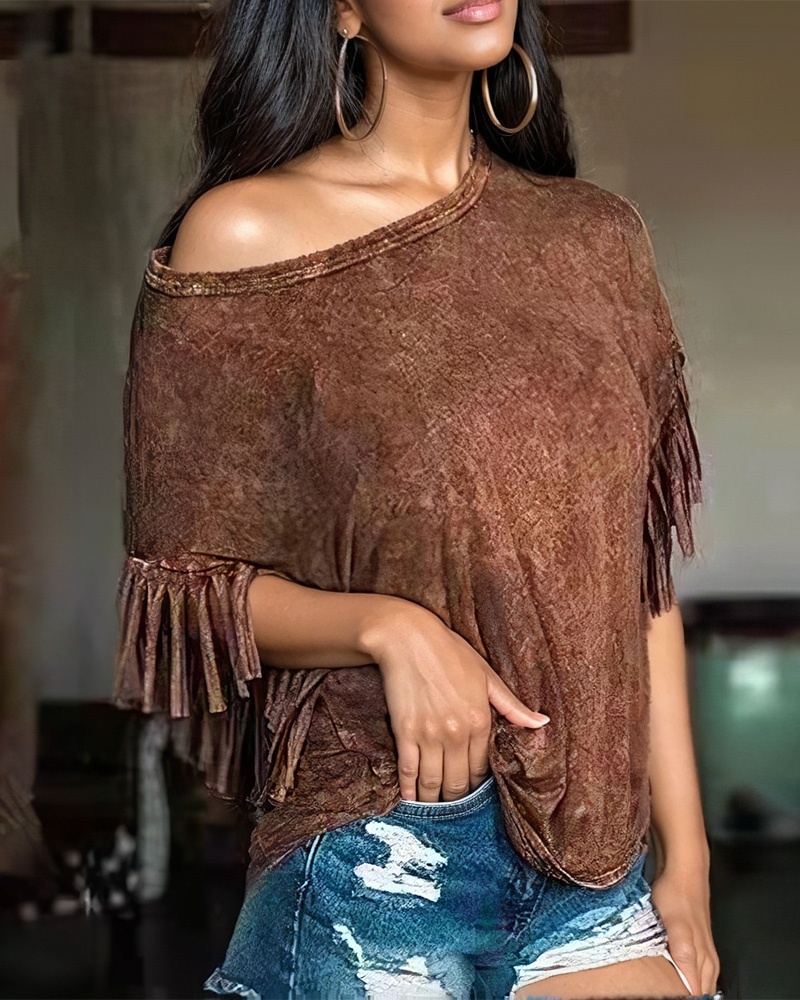 Retro Brown Loose Tassel Casual T-shirt
