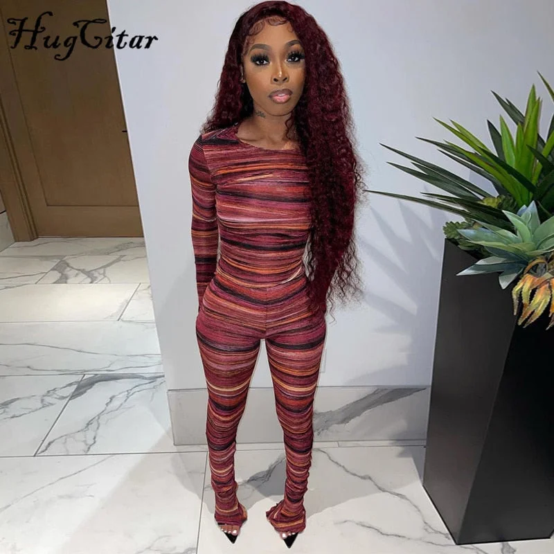 Hugcitar Bodycon Color Stripe Print Long Sleeve Crop Top High Waist Flare Leggings 2 Piece Set 2021 Women Fashion Tracksuit