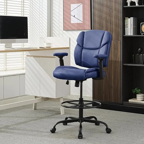 Drafting Chair Standing Desk Chair, 500 LBS Leather Big and Tall Office Chair with Adjustable Armrests & Foot Ring, Modern Tall Desk Chair with Mid Back, Swivel Rolling Drafting Stool. Black