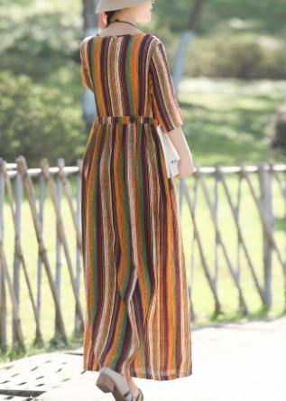 DIY Yellow Striped Cotton Linen Dress Fashion Inspiration Neck Half Sleeve Plus Size