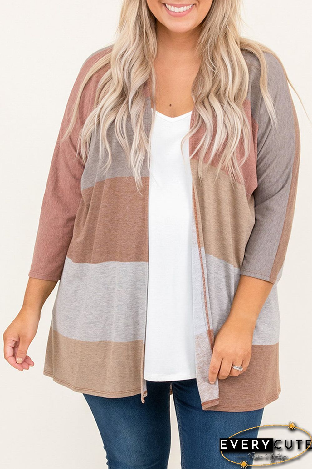 Multicolor Plus Size Colorblock Knit Cardigan
