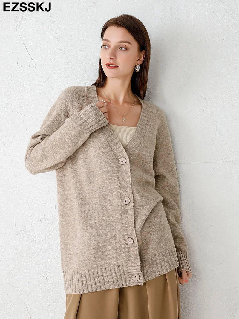 Ezsskj spring autumn sweater long sweater Cardigan Women v-neck Knitted Jacket Cardigan Sweater Female elegant Coat out wear