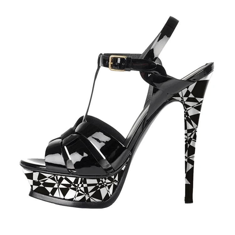 Black T Strap Sandals Stiletto Heels Platform High Heel Shoes |FSJ Shoes