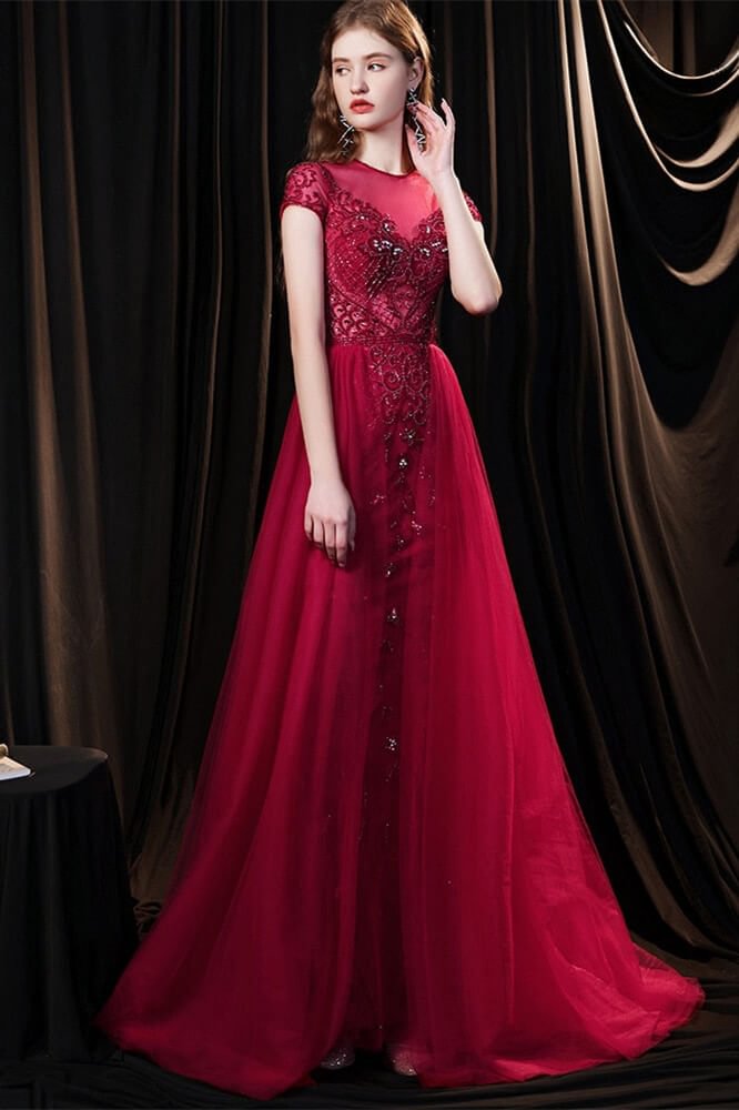 Luluslly Burgundy Cap Sleeves Tulle Evening Dress With Beadings