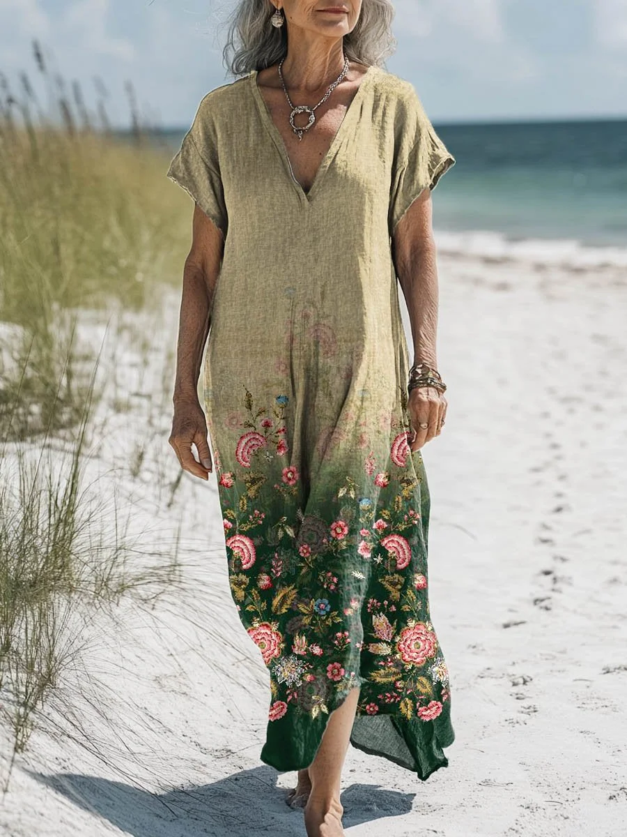 Women's Vintage Lovely Floral Art Print Pocket Cotton Dress
