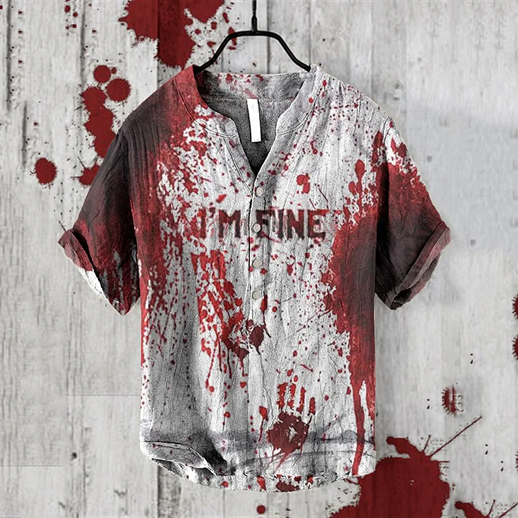 I'm Fine Bloodstained Halloween V-Neck Cotton And Linen Blend Shirt