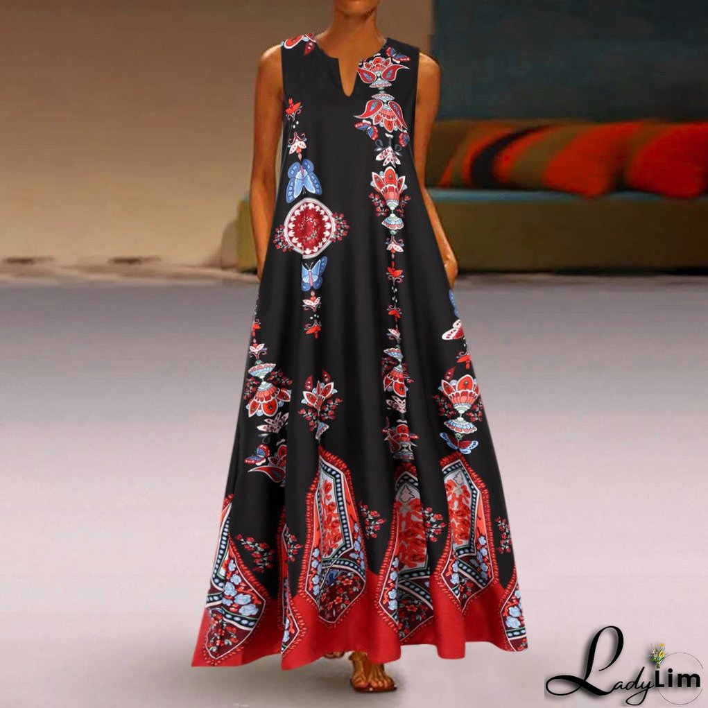 Vintage print dress V-neck sleeveless