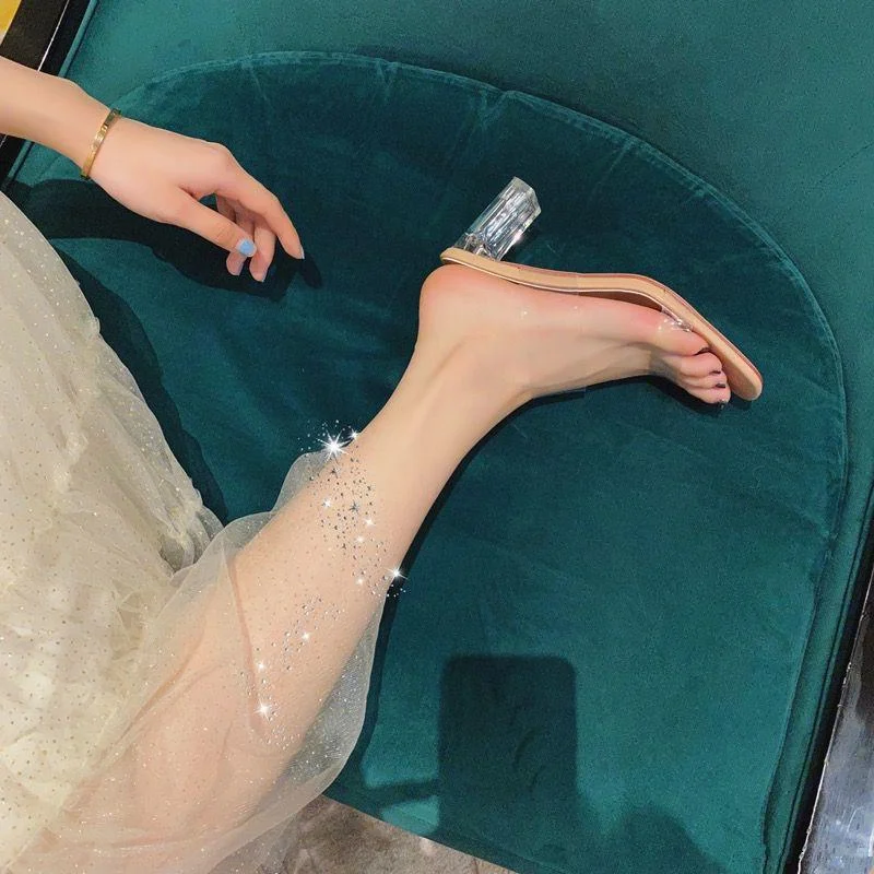 Crystal high heels with thick heel sandals and slippers
