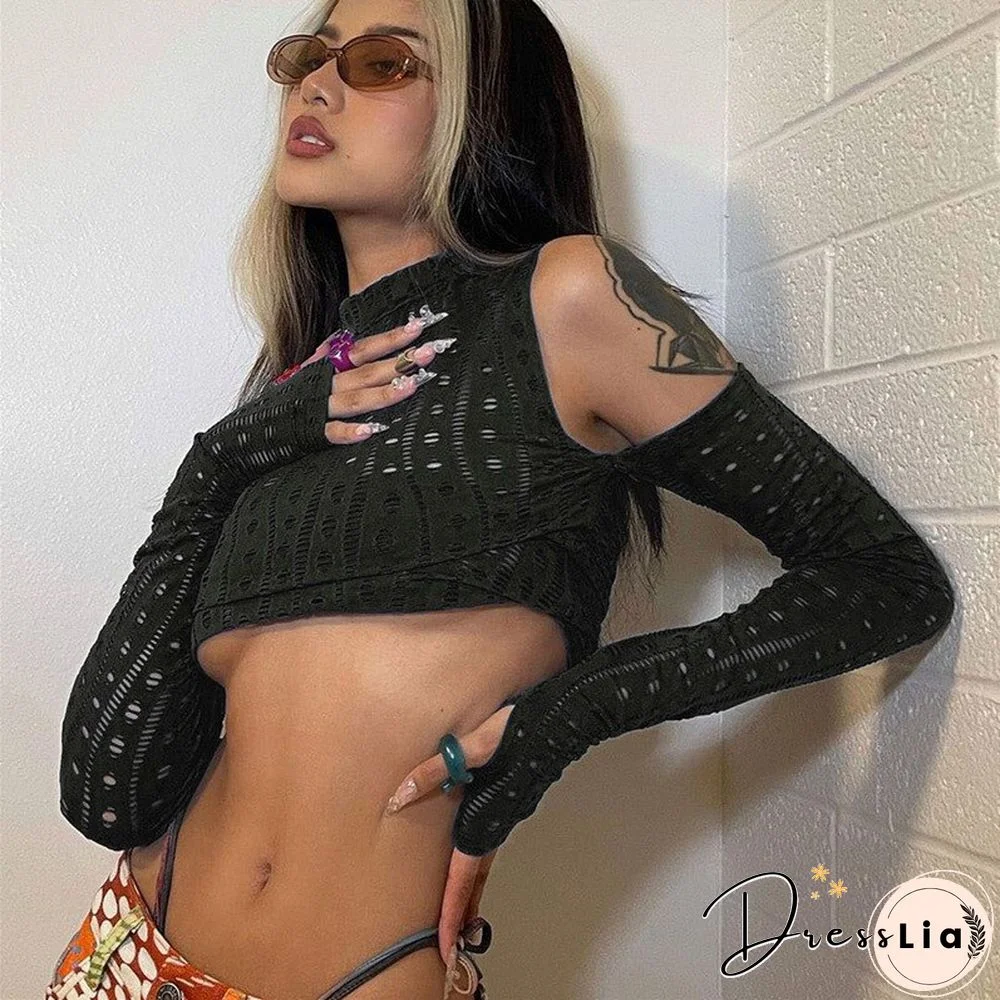 New Autumn Short T-Shirt Long-Sleeved Top Round Neck Off-Shoulder Hollow Sexy Design For Women's Street Party Clubwear