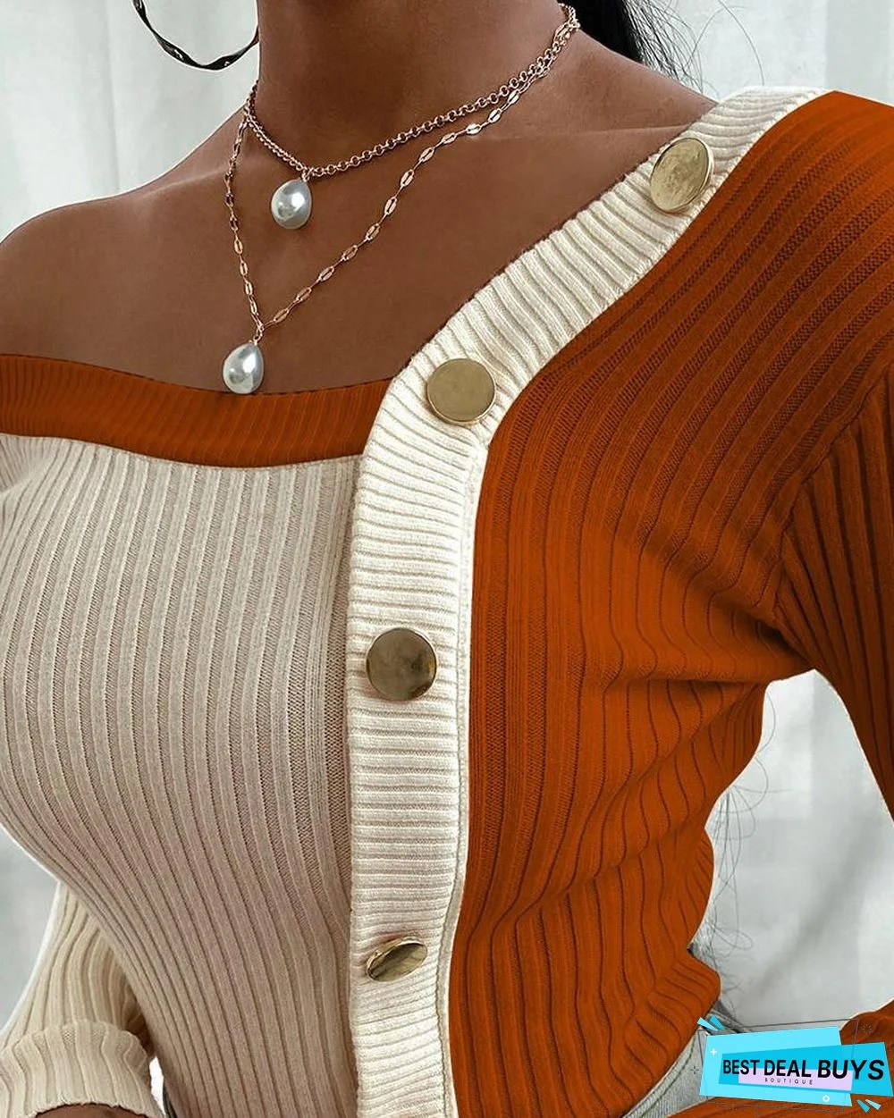 Color Block Buttoned Knit Long Sleeve Sweater