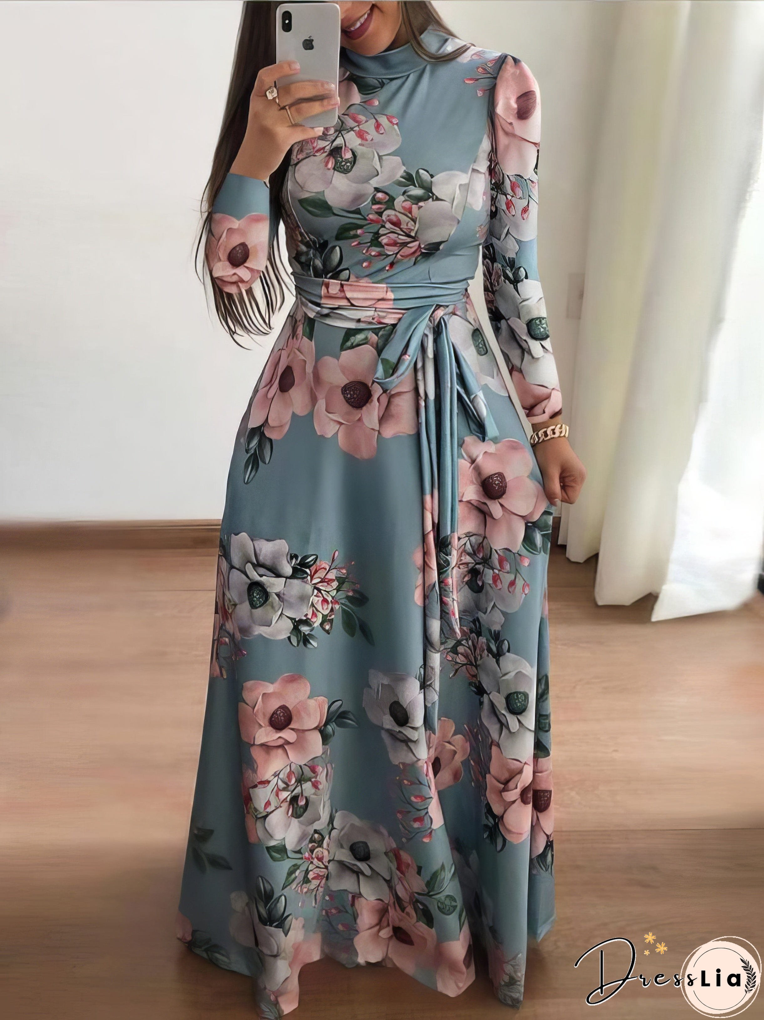 High Neck Floral Print Tie Long Sleeve Dress