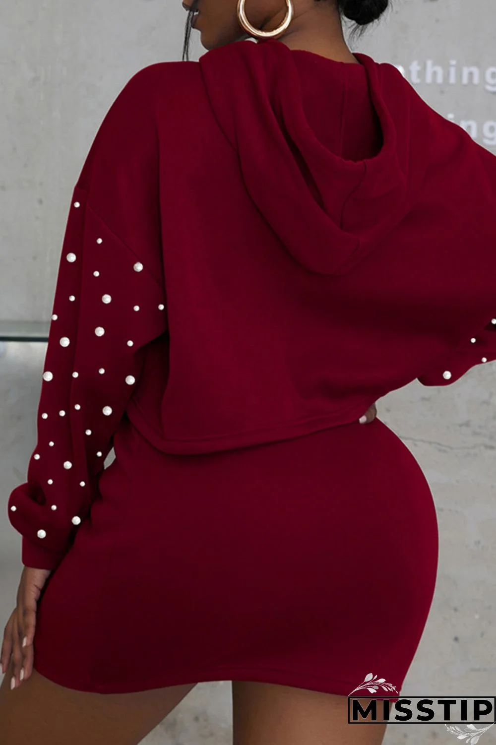 Burgundy Fashion Casual Solid Beading Hooded Collar Long Sleeve Two Pieces