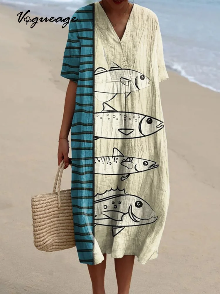 Casual Simple Striped Fish Printed Women's Casual Cotton And Linen Dress
