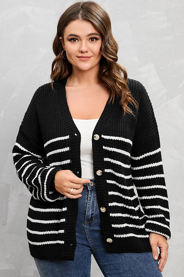 Flycurvy Plus Size Casual Black Striped Stitching Single Breasted Cardigan  flycurvy [product_label]