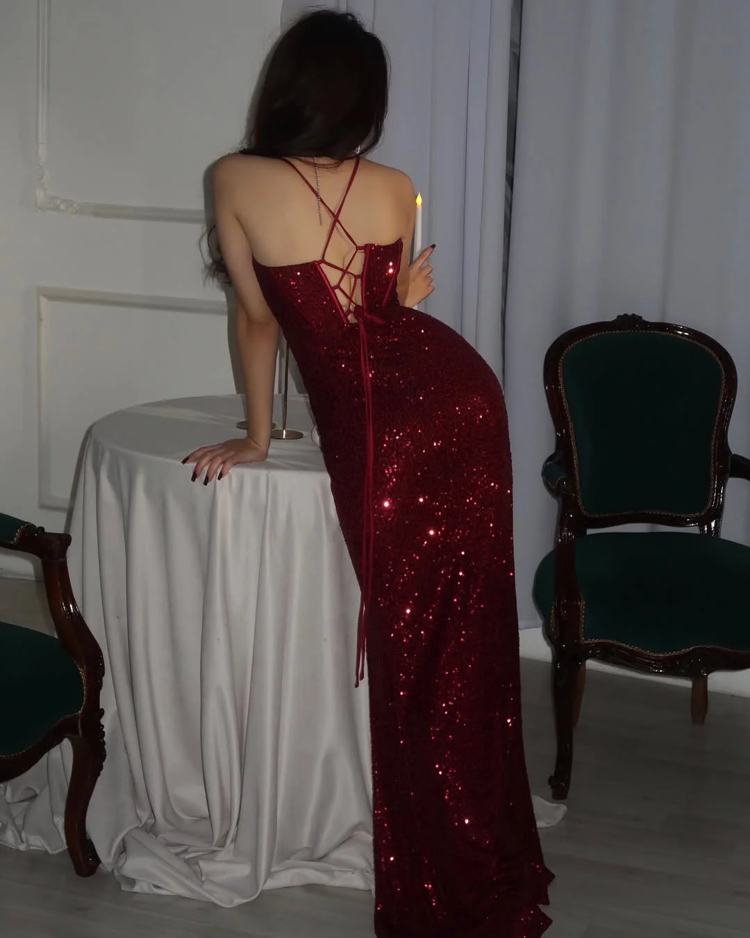 Sparkle Sequin Burgundy High neck Asymmetric Cut Mermaid Prom Dress Y156 main image 1