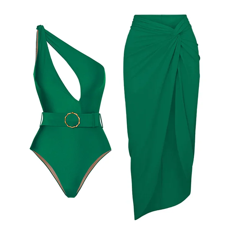 Flaxmaker Emerald Lconic One Shoulder Cut Out Belt One Piece Swimsuit and Sarong