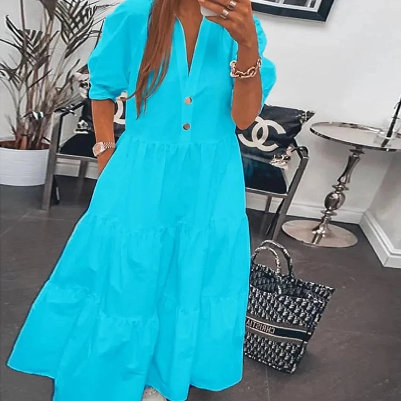 Churses Casual V-Neck Puff Sleeve Button Ruffle Pocket Long Dress Autumn Loose Comfort Office Lady A-Line Dress For Women 2023
