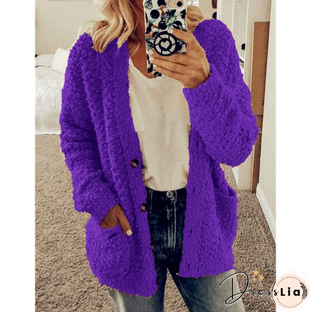 Women Winter Fashion Loose Long Sleeve Solid Color Plush Cardigan Sweater Coat Tops Button Casual Outwear XS-5XL