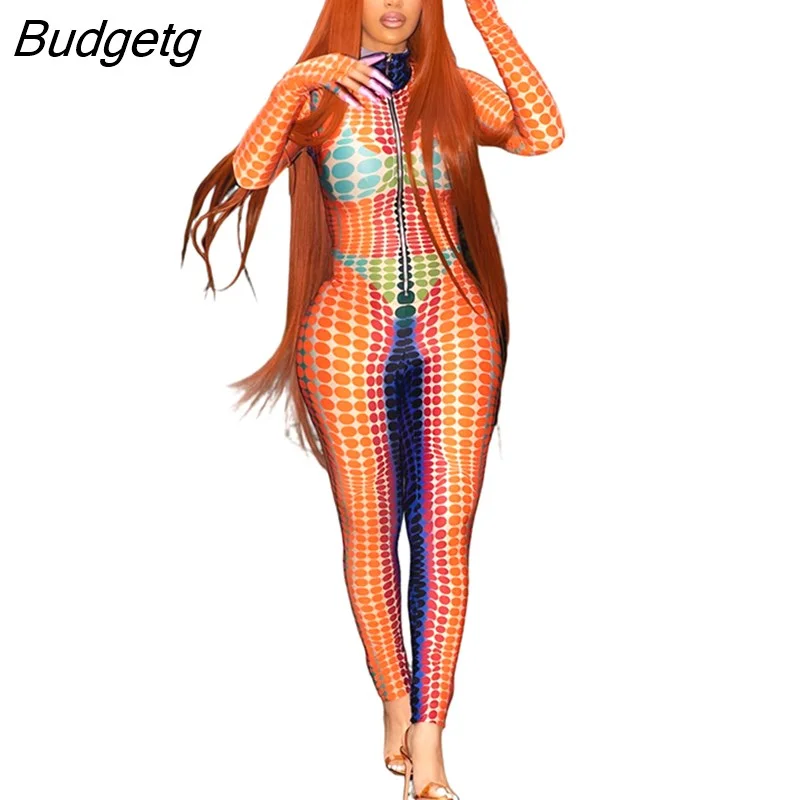 Budgetg Sexy Birthday Multicolor Polka Dot Printed Jumpsuit Women Club Party One Pieces Romper Zipper Long Sleeve Skinny Overalls