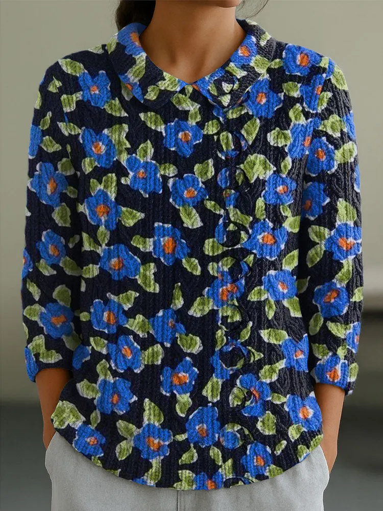 Women's Vintage Floral Flower Art Print Casual Peter Pan Collar 3/4 Sleeve Sweater