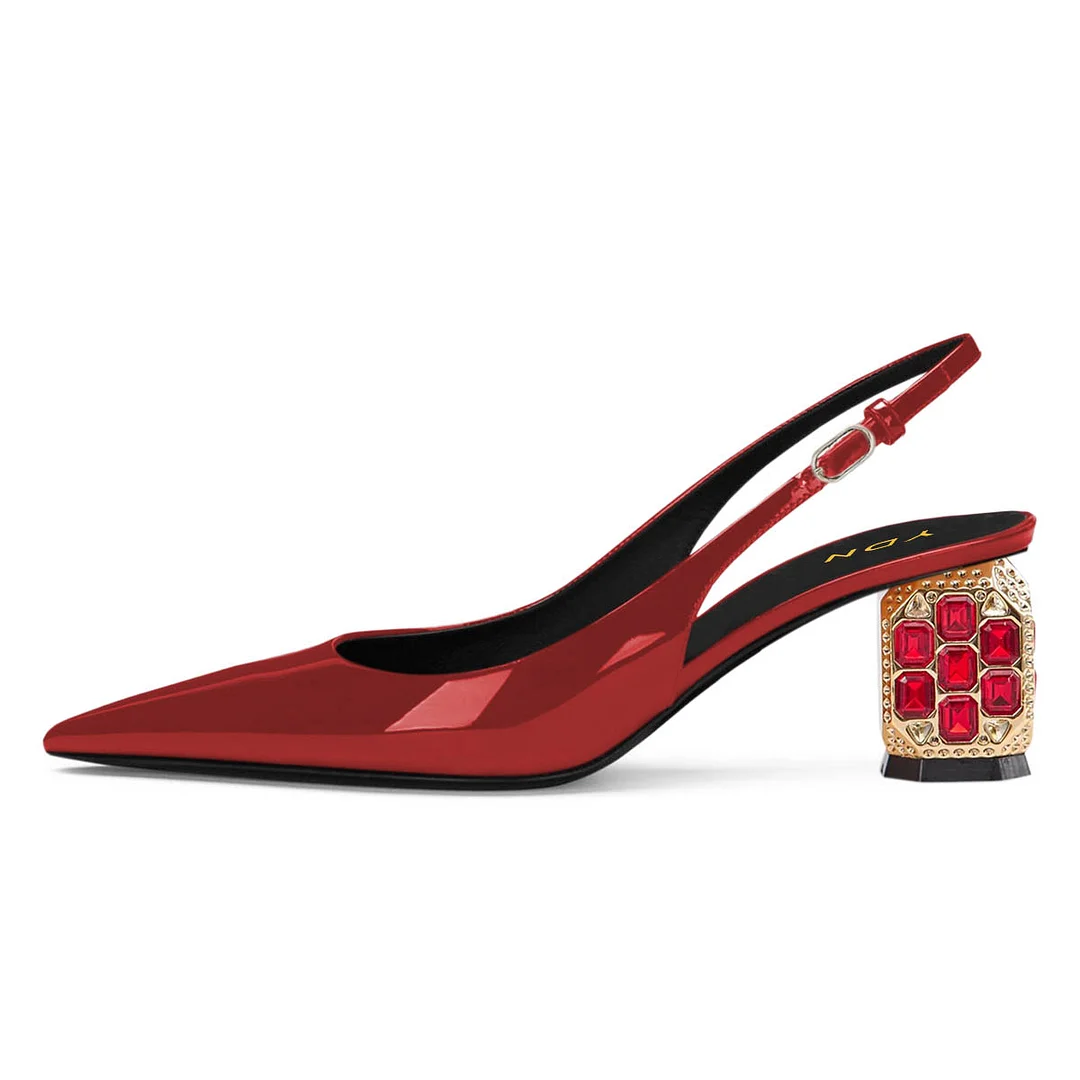 Red Patent Leather Pointed Toe Rhinestone Decor Slingback Heels