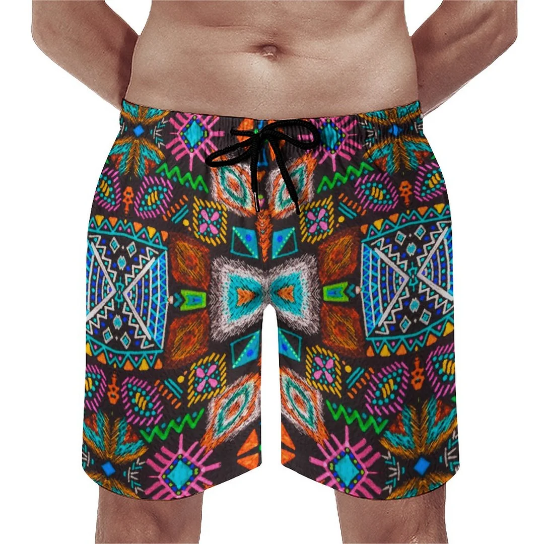 Vintage Orange Pink Blue Colorful Geometric Feather Men's Swim Trunks Summer Board Shorts Quick Dry Beach Short with Pockets